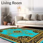 Aqua Gold Black Baroque Flourish Rug