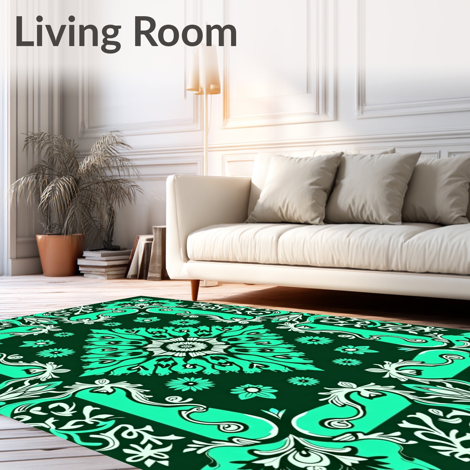 Vibrant Teal Floral Medallion Border Rug
