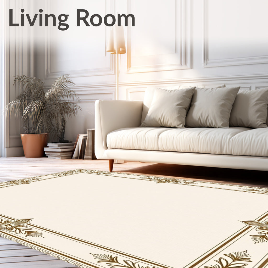 Elegant Gold Floral Scroll Border Rug