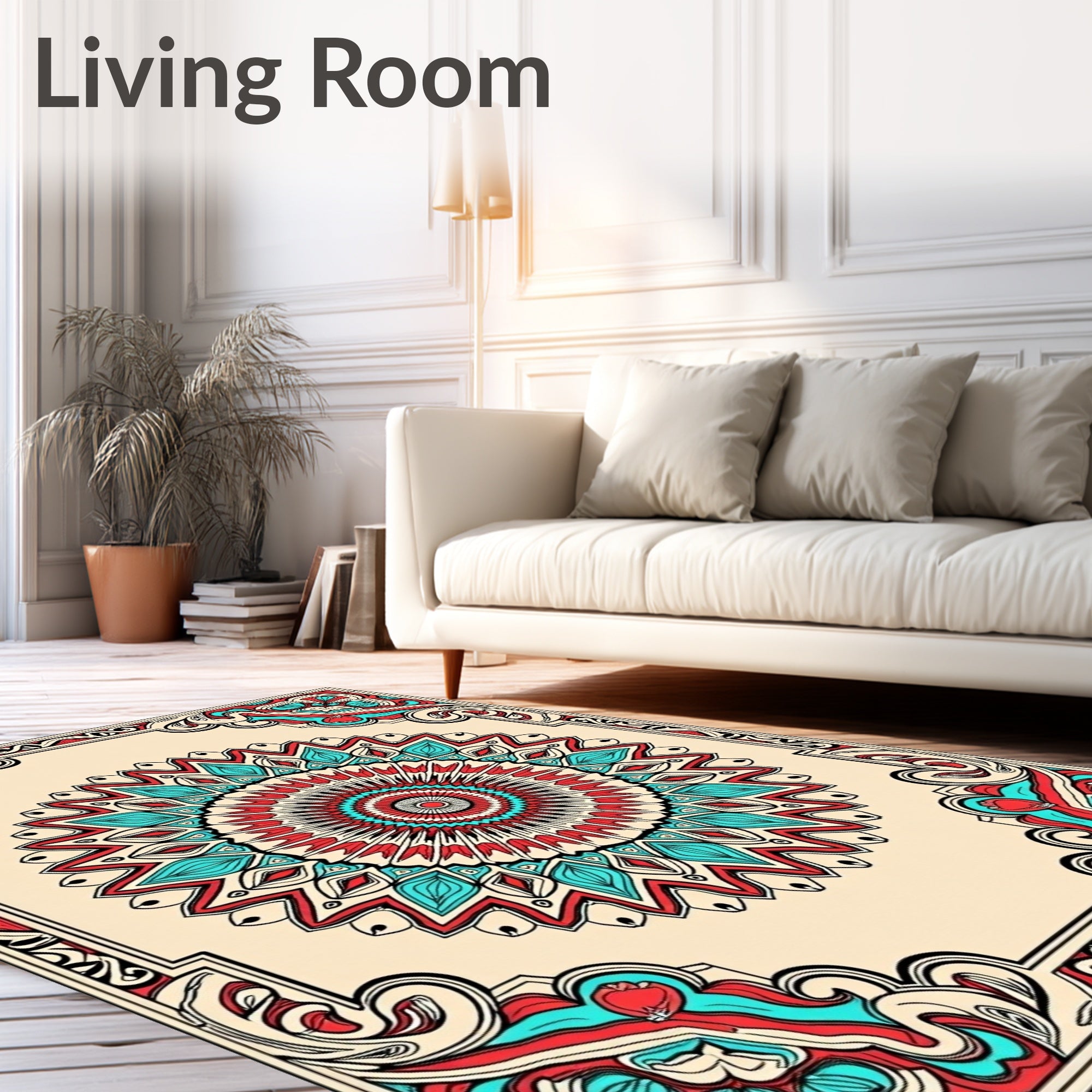 Coral Teal Bold Medallion Border Rug