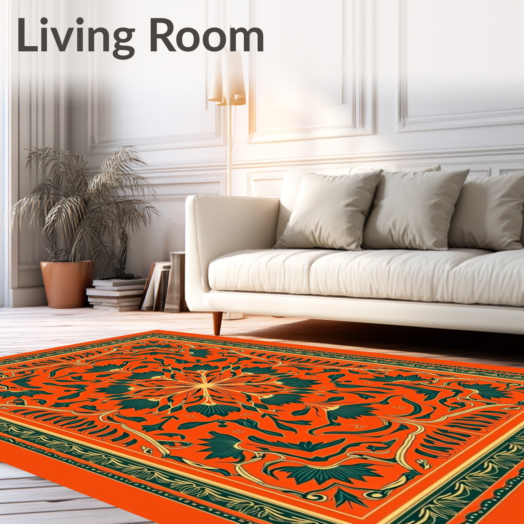 Vibrant Orange Teal Floral Medallion Rug