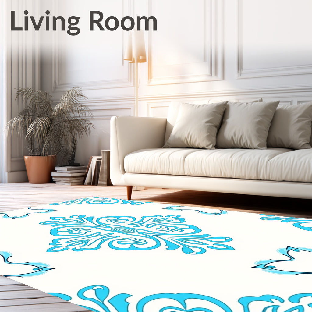 Aqua Ivory Floral Scroll MedallionRug Rug