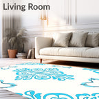 Aqua Ivory Floral Scroll MedallionRug Rug