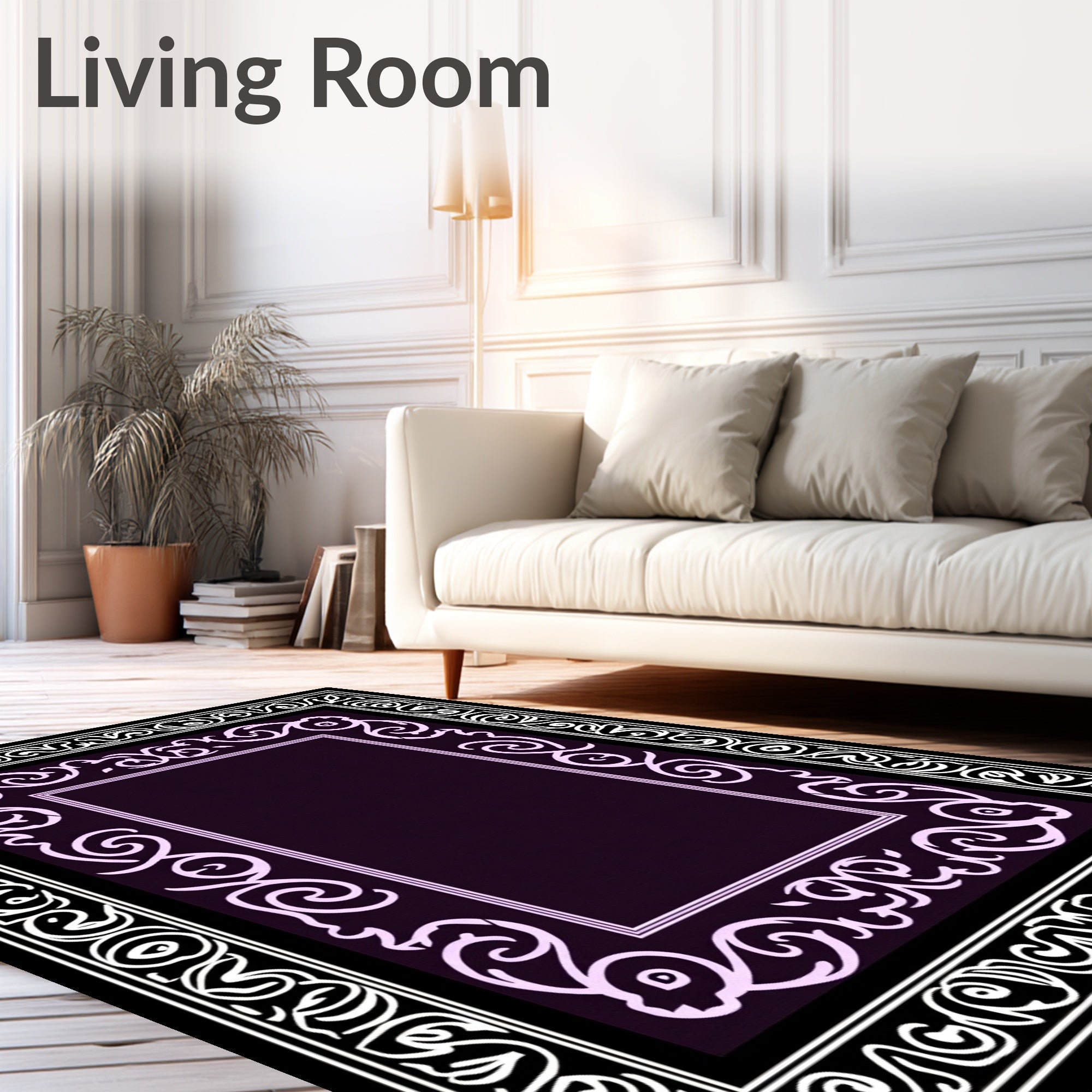 Monochromatic Damask Scroll Border Rug