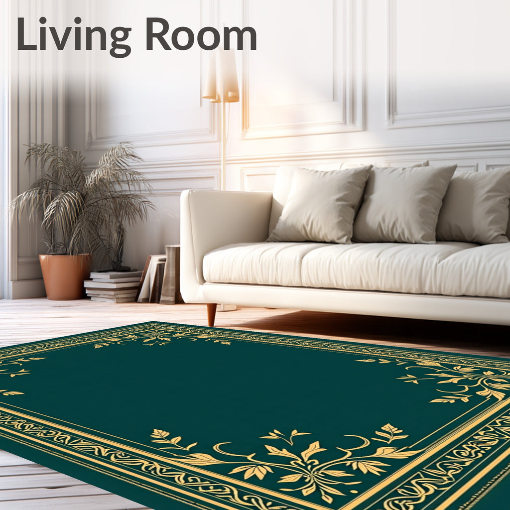 Ornate Teal Golden Leaf Border Rug