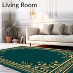 Ornate Teal Golden Leaf Border Rug