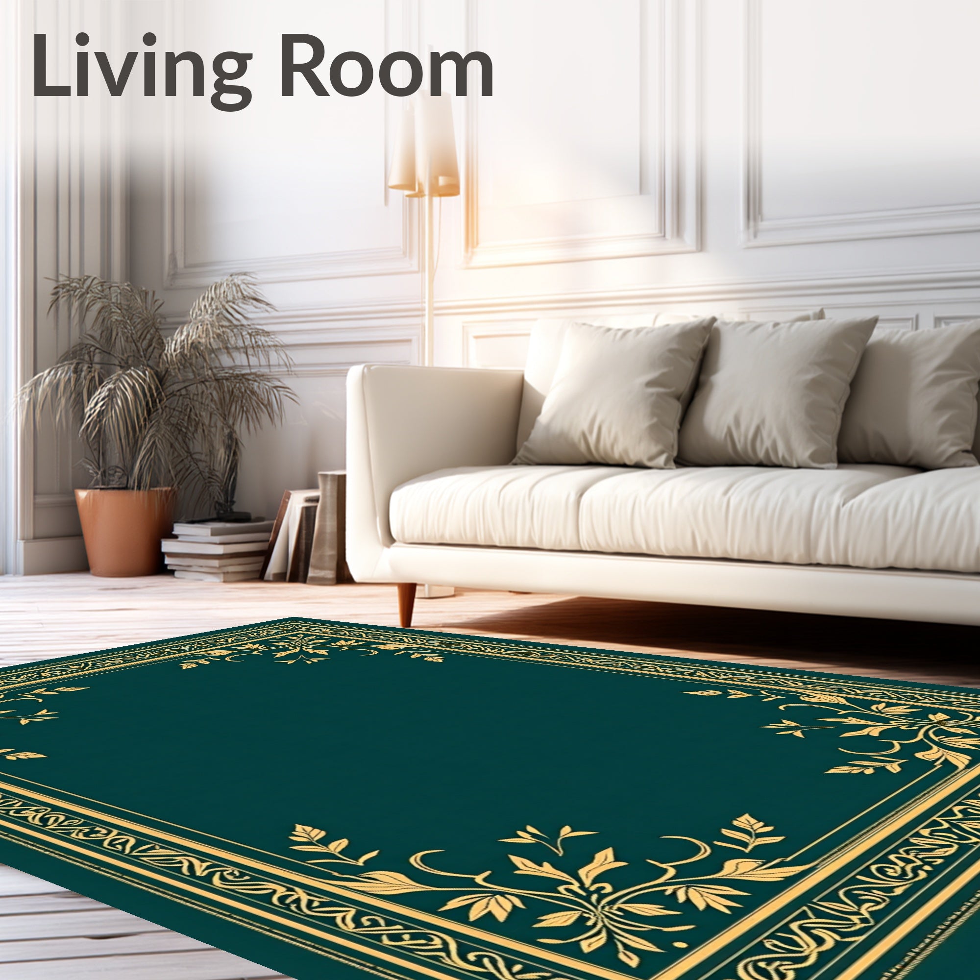 Ornate Teal Golden Leaf Border Rug