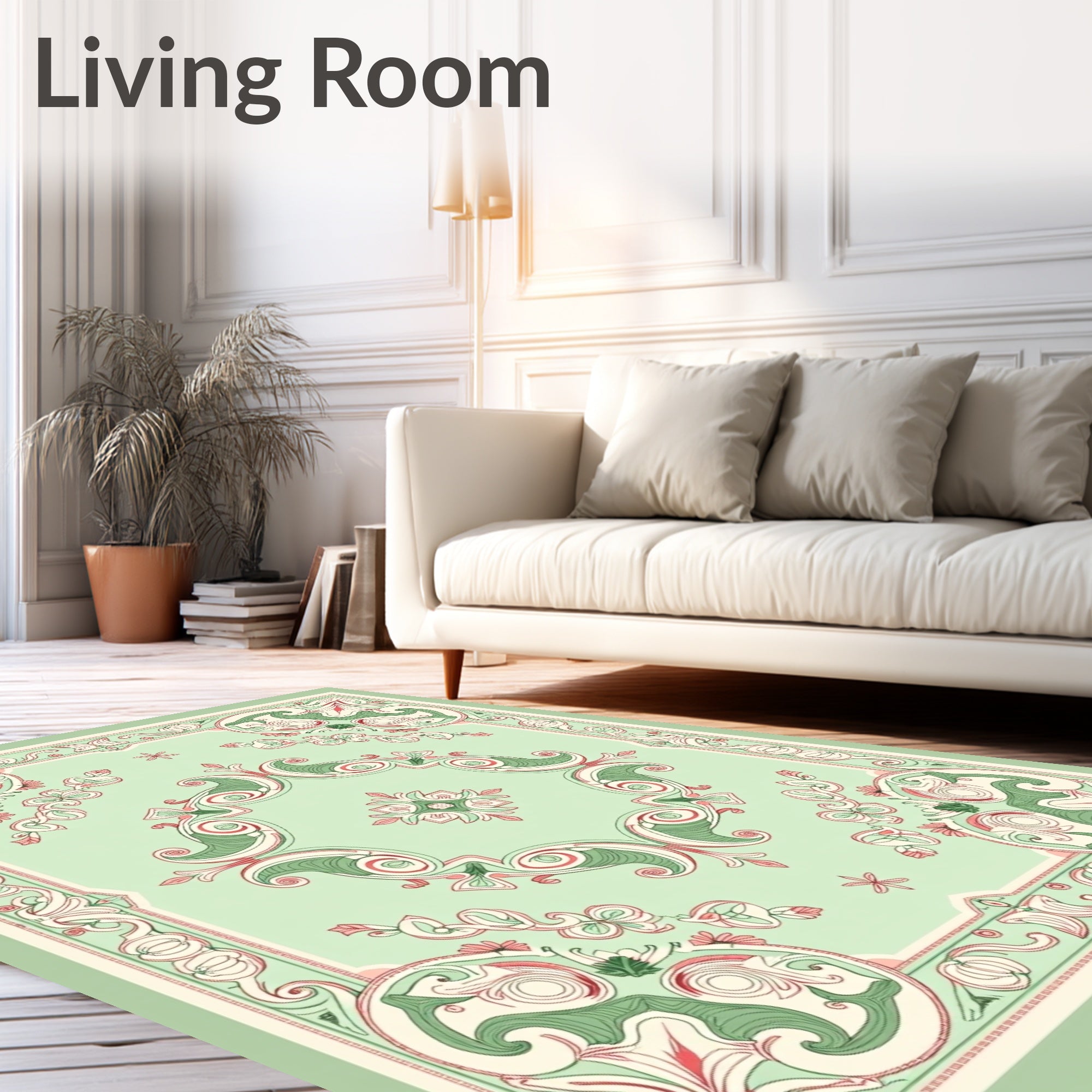 Vintage Green Coral Swirl Scroll Rug