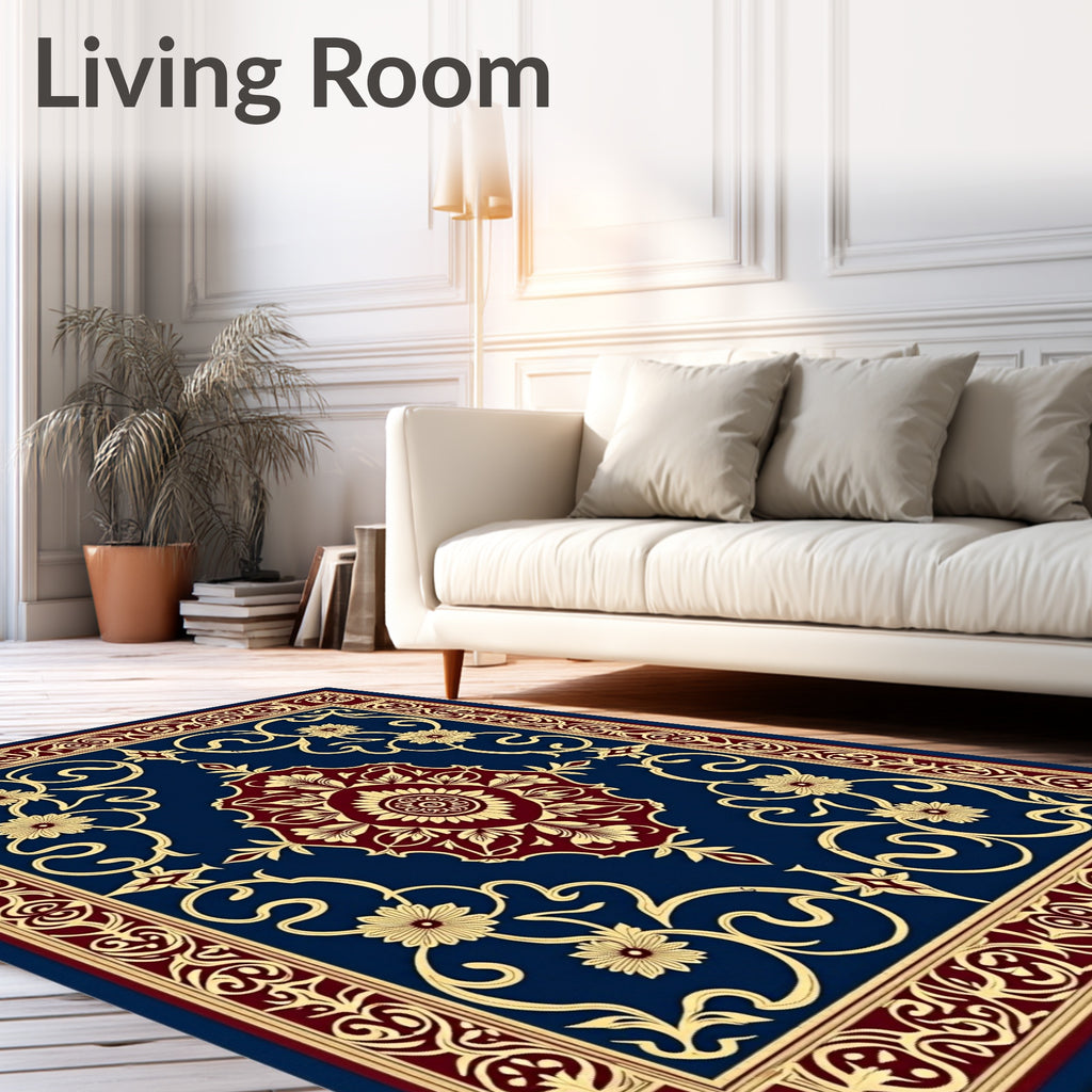 Royal Blue Burgundy Floral Medallion Border Rug