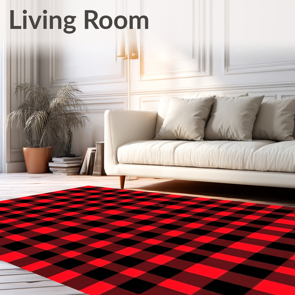 Classic Red Black Checkered Grid Rug