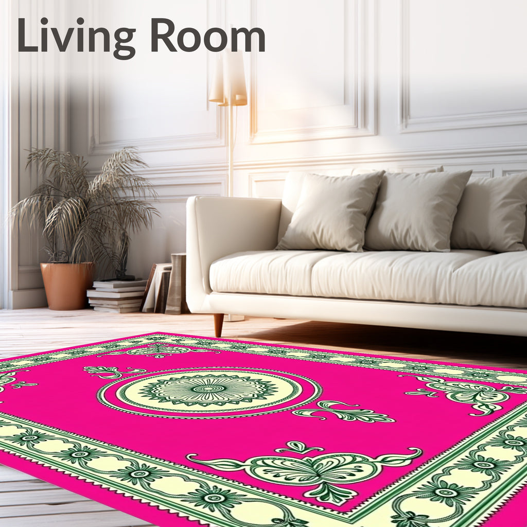 Vibrant Pink Green Floral Medallion Border Rug