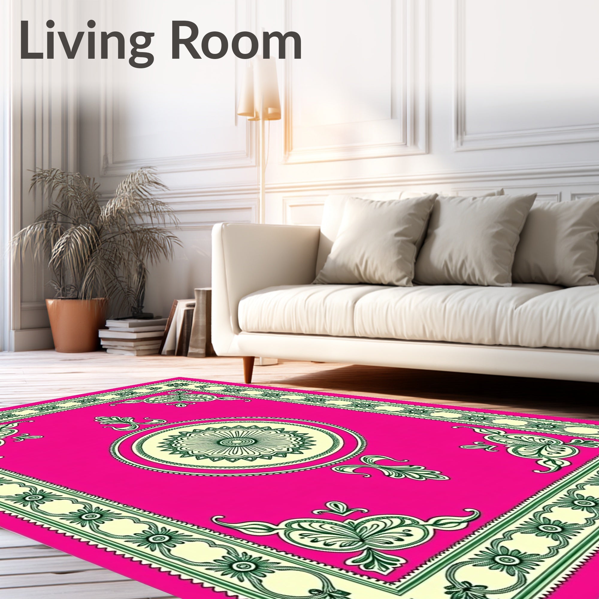Vibrant Pink Green Floral Medallion Border Rug