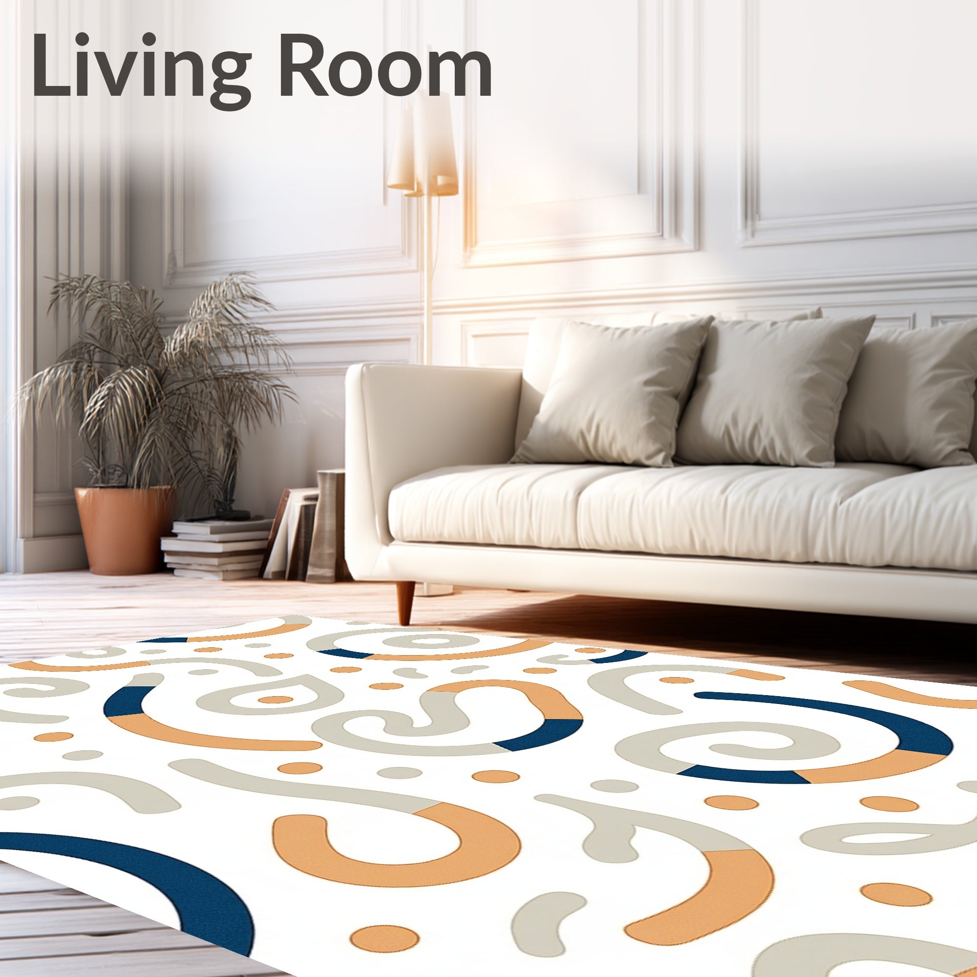 Neutral Abstract Swirl Ribbon Dots Rug