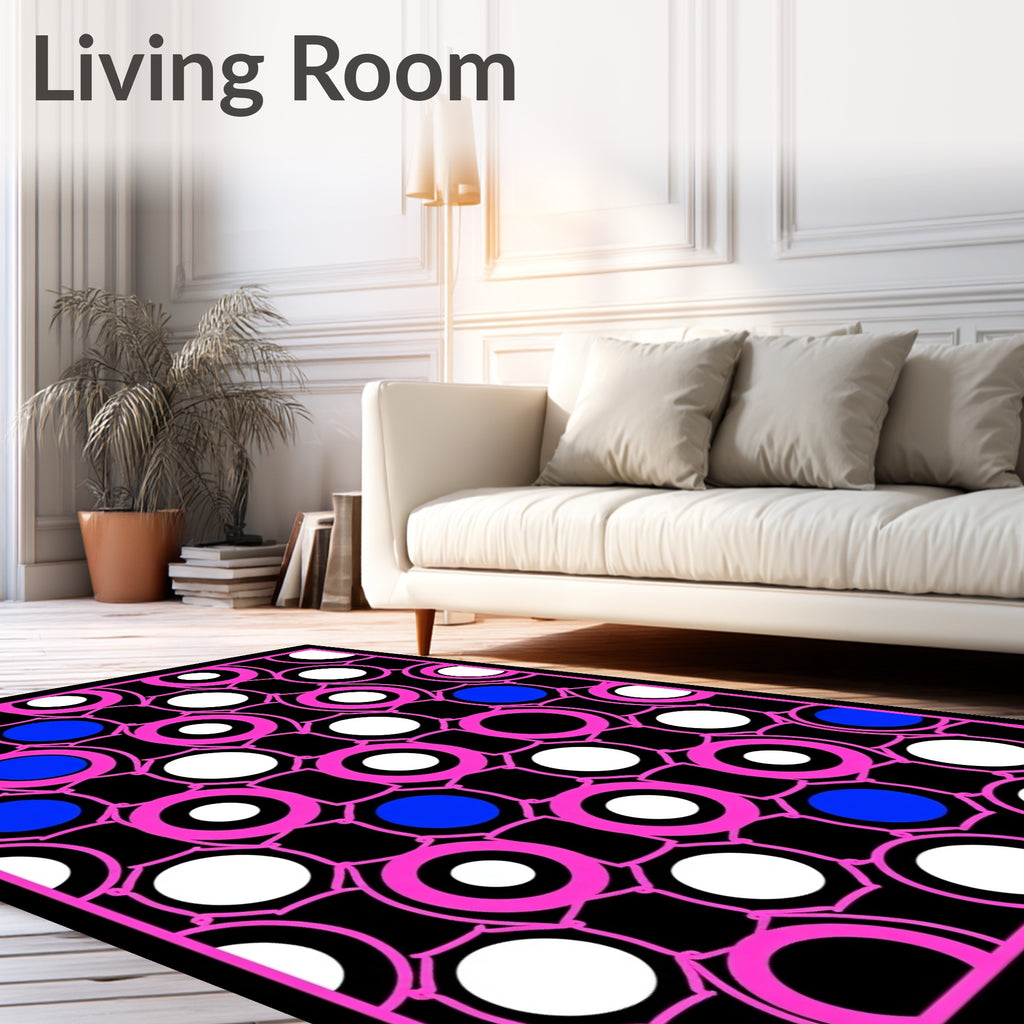 Pink White Blue Circular Chain Overlay Rug
