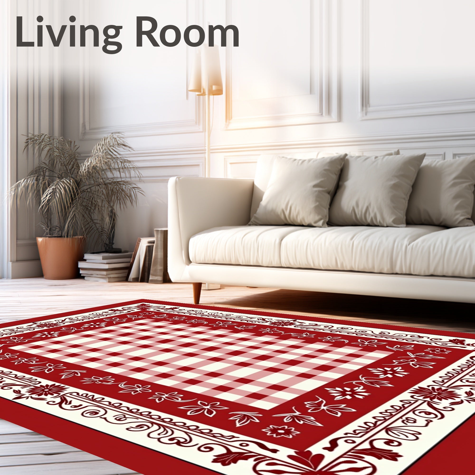 Red White Classic Gingham Floral Border Rug