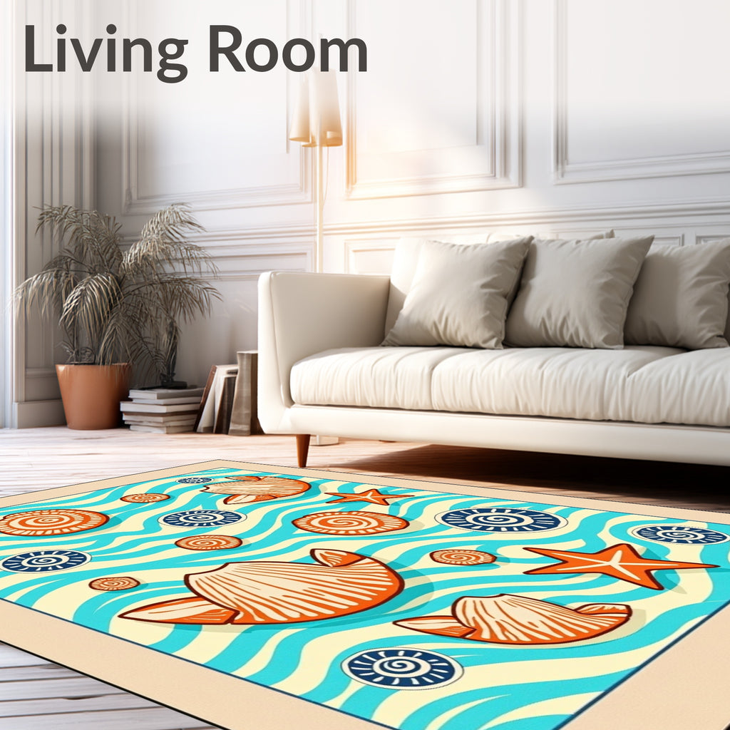 Orange Seashells on Blue Wave Backdrop Rug