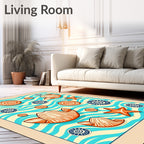 Orange Seashells on Blue Wave Backdrop Rug
