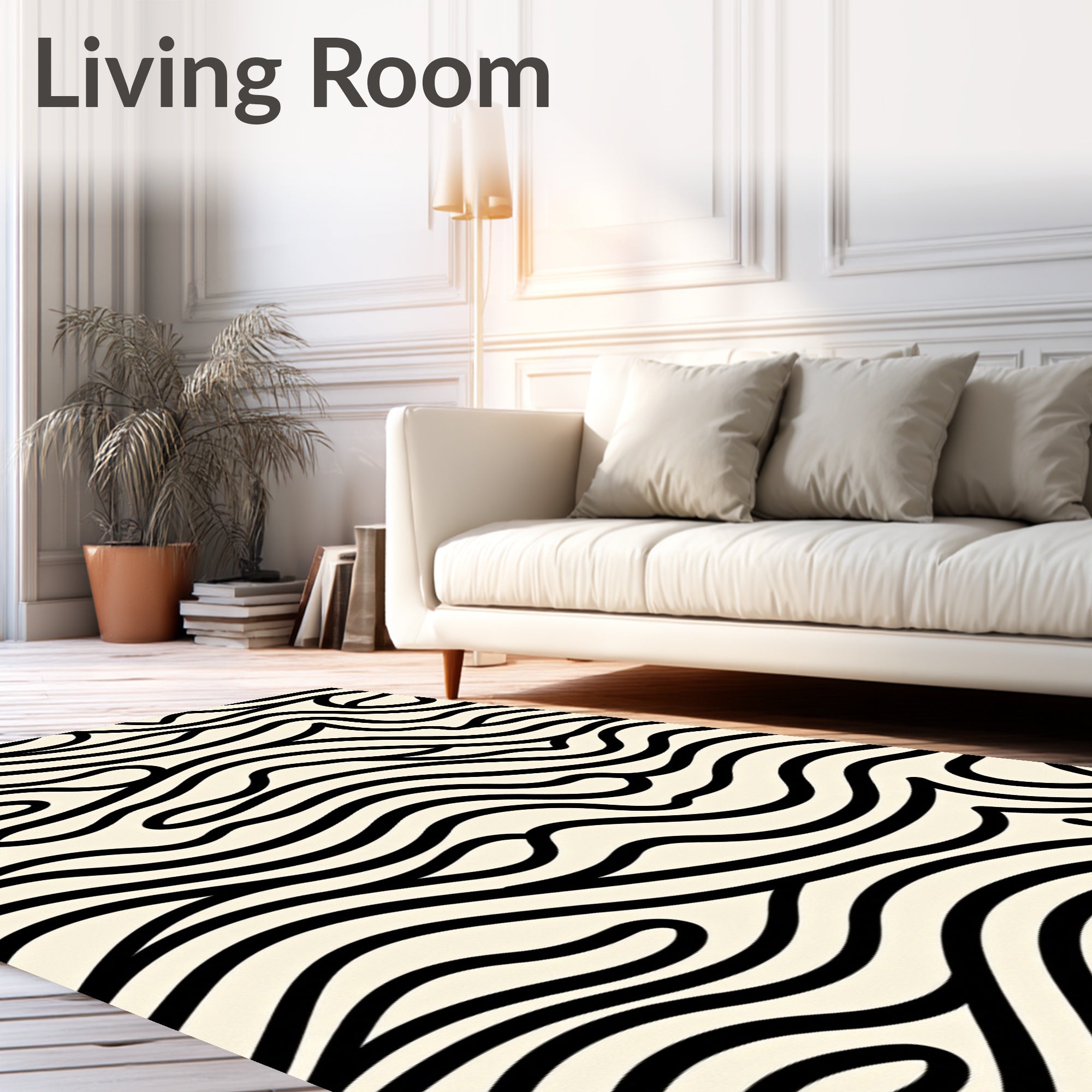 Cream Black Abstract Swirl Waves Rug