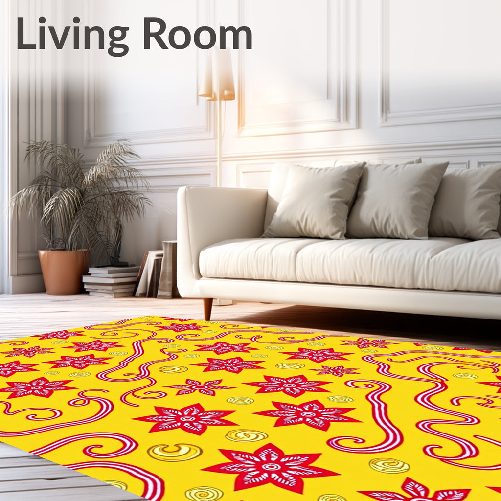 Red Starburst Swirls Yellow Rug