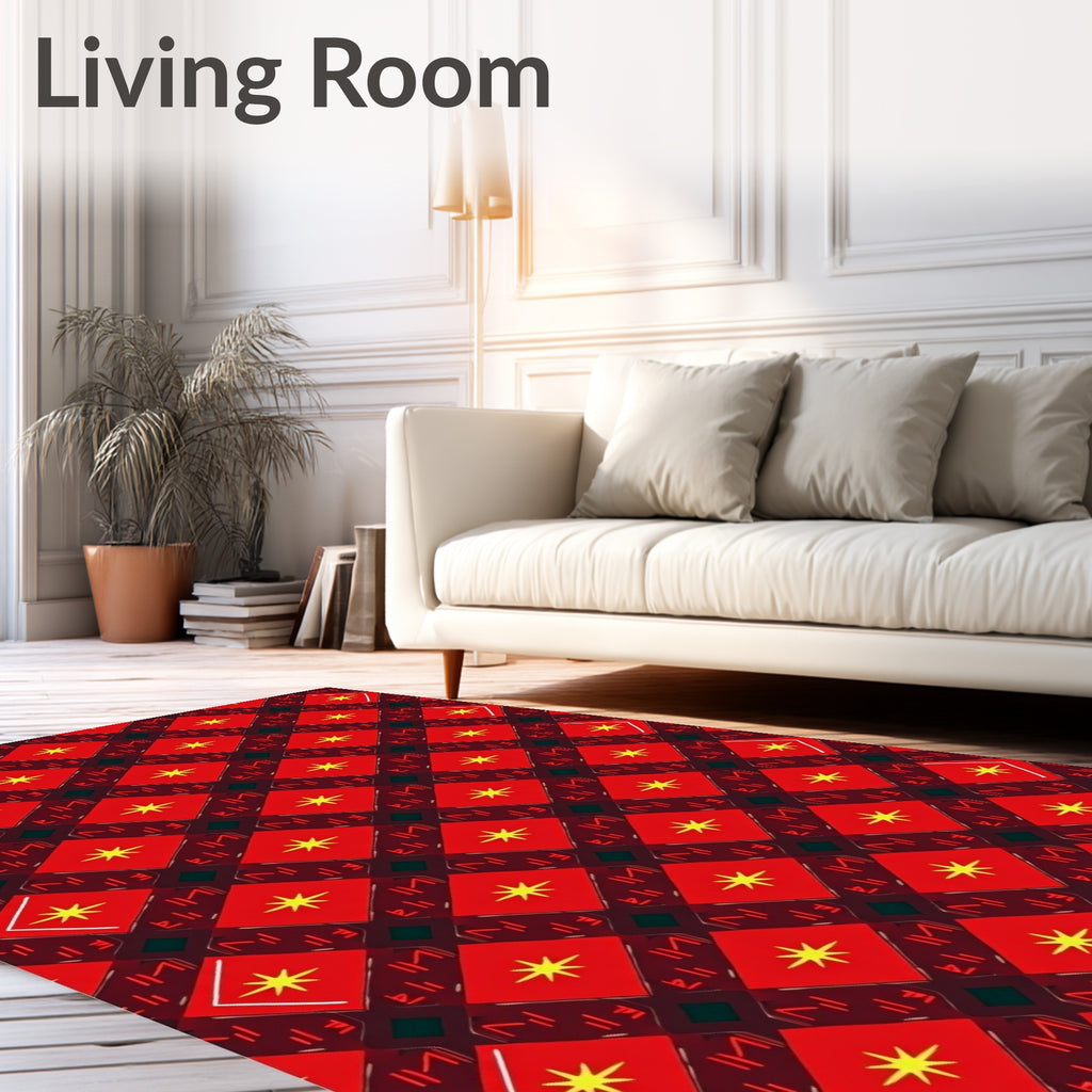 Crimson Yellow Star Diamond Grid Rug