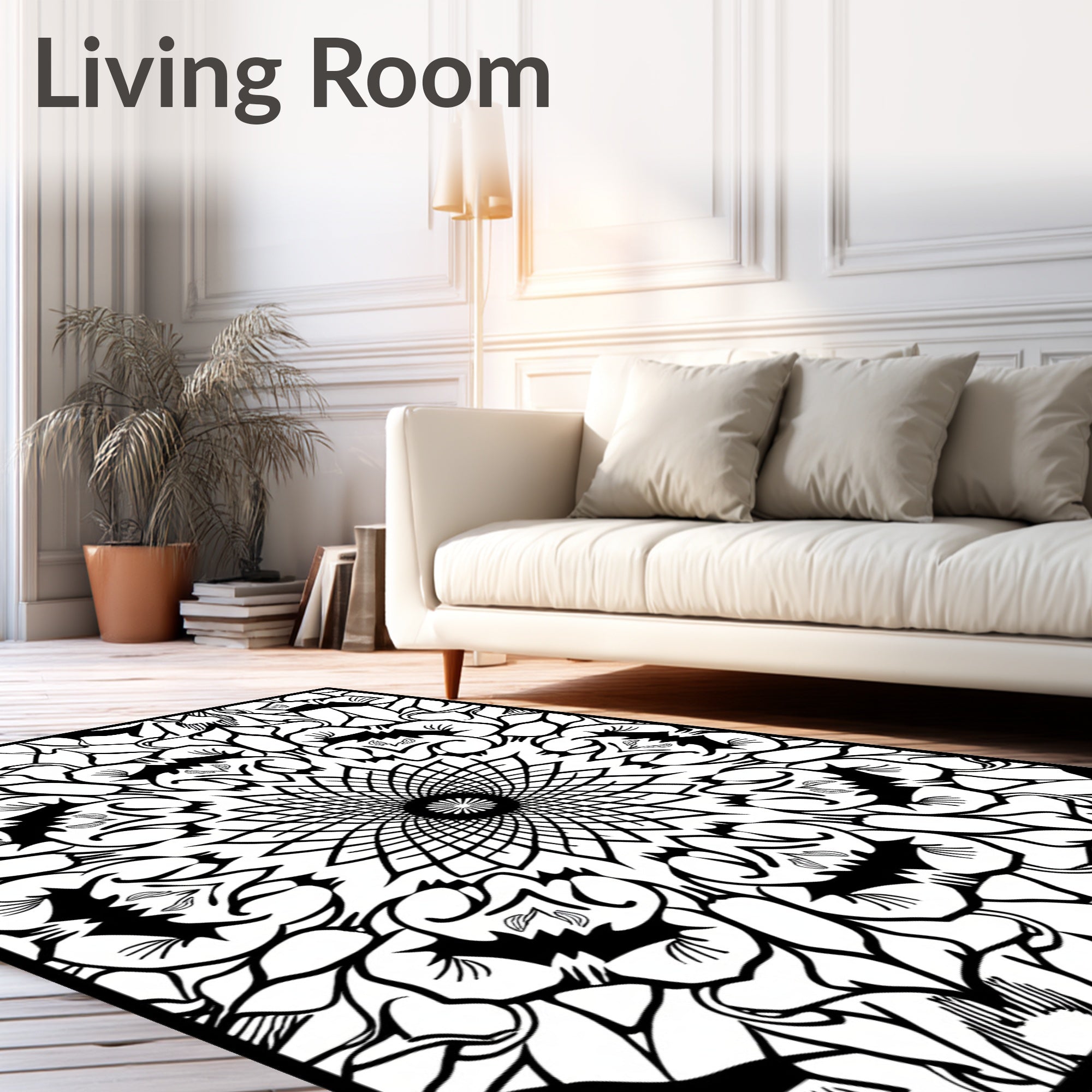 Black White Ornate Floral MandalaRug Rug