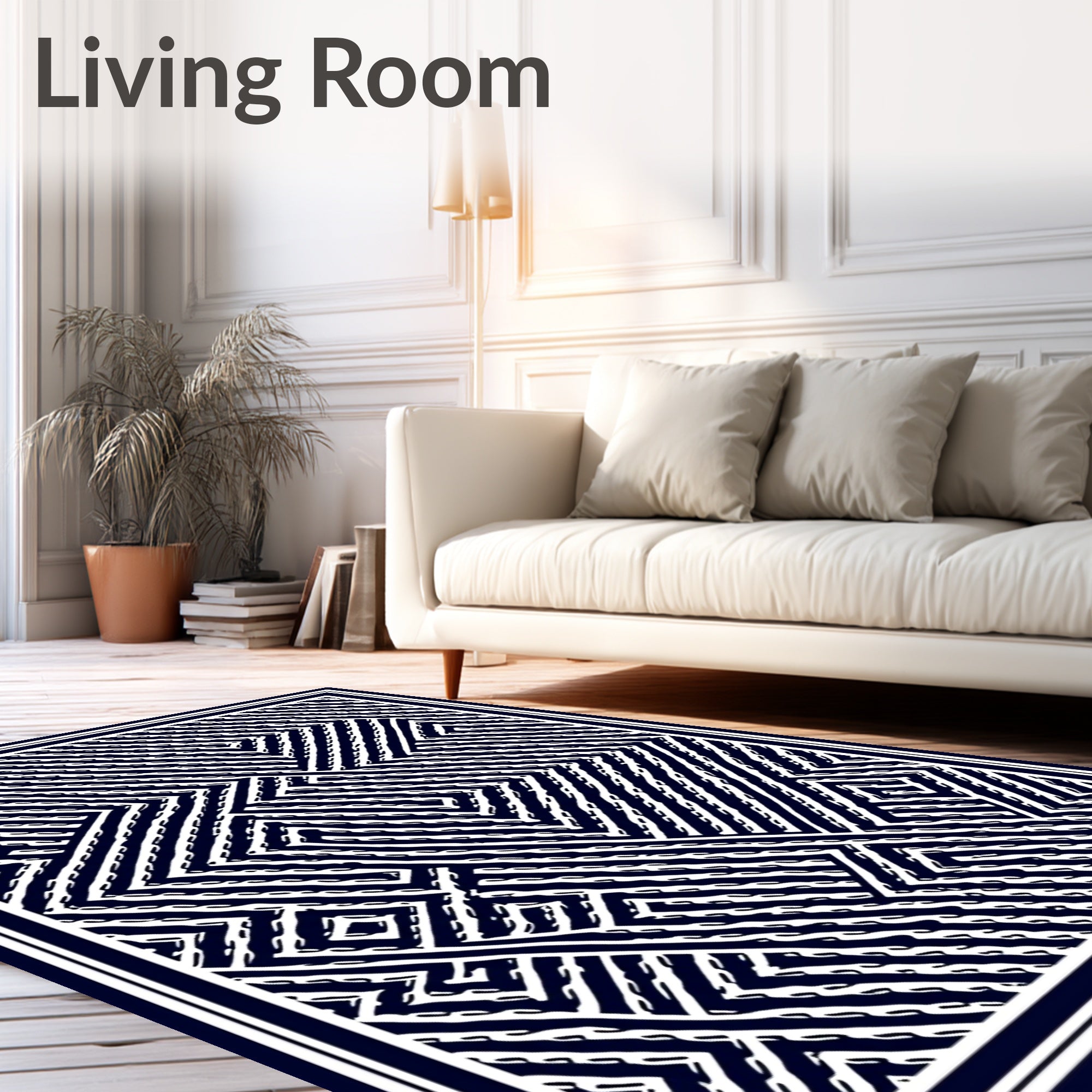 Navy White Geometric Maze Rug