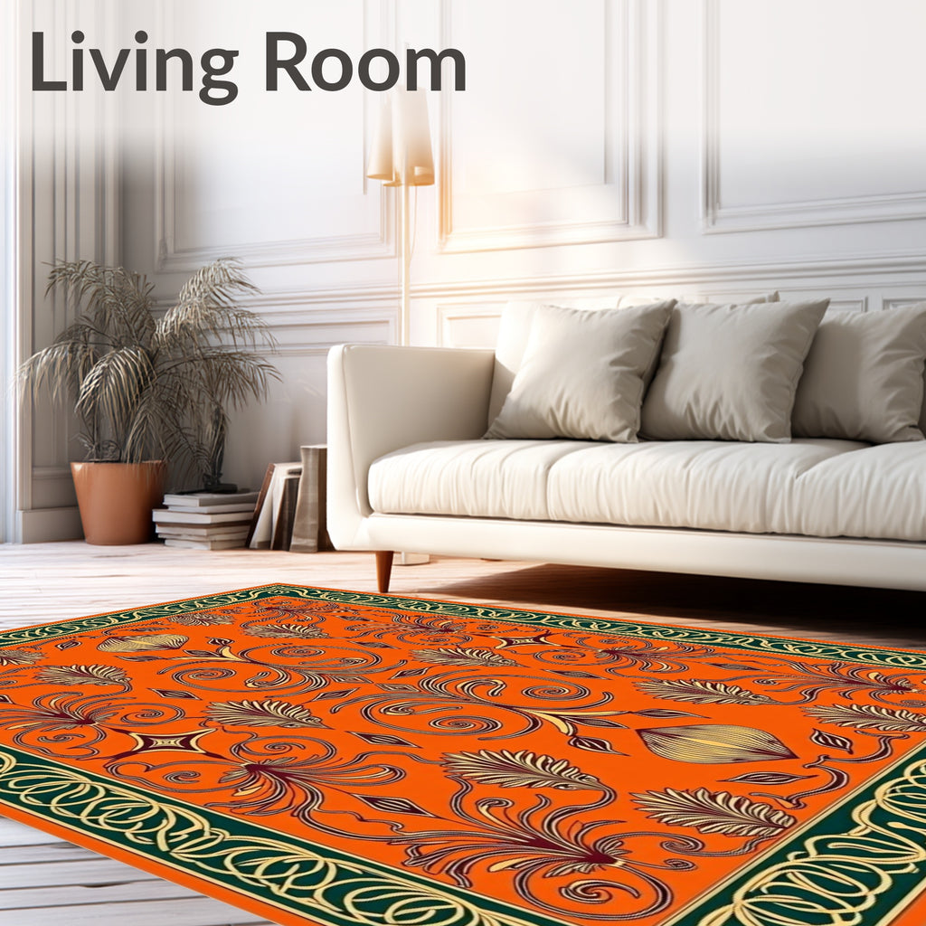 Enchanting Orange Floral Scroll Medallion Rug