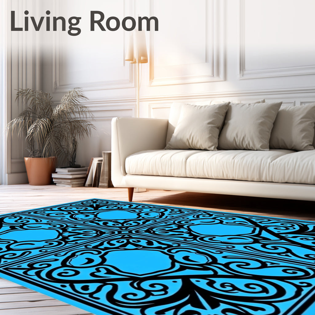 Vibrant Cyan Swirl Quatrefoil Ornamental Rug