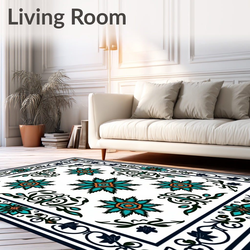Teal Orange Starburst Floral Border Rug