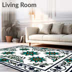 Teal Orange Starburst Floral Border Rug