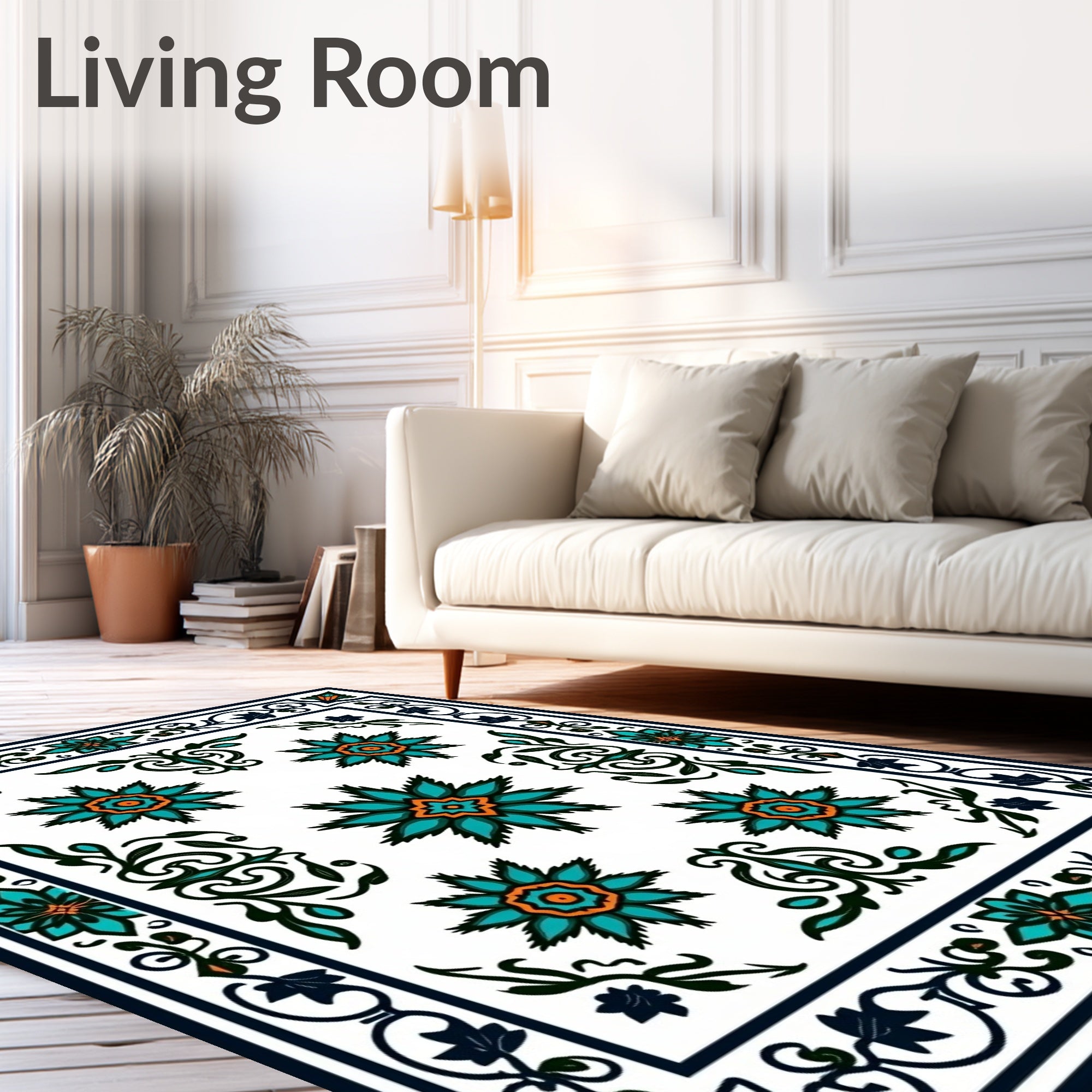 Teal Orange Starburst Floral Border Rug
