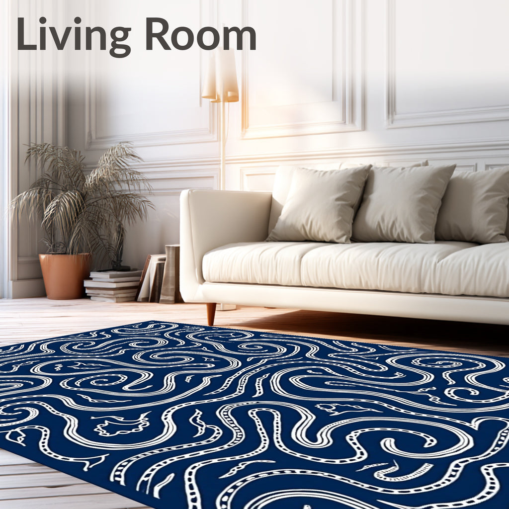 Deep Blue Abstract Swirl Lines Rug