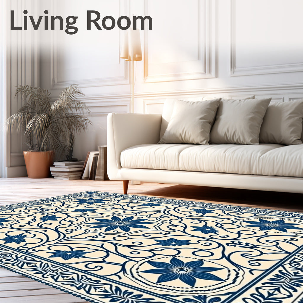 Deep Blue Floral Medallion Scrollwork Rug