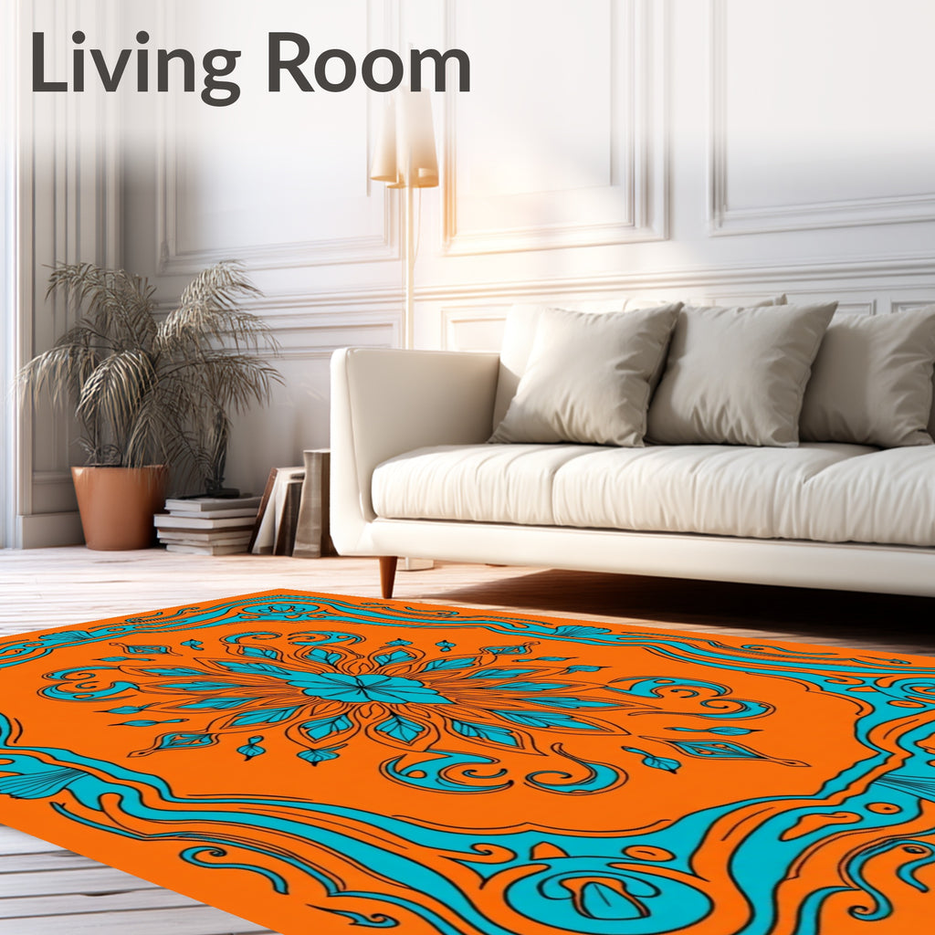 Bright Orange Teal Floral Medallion Border Rug