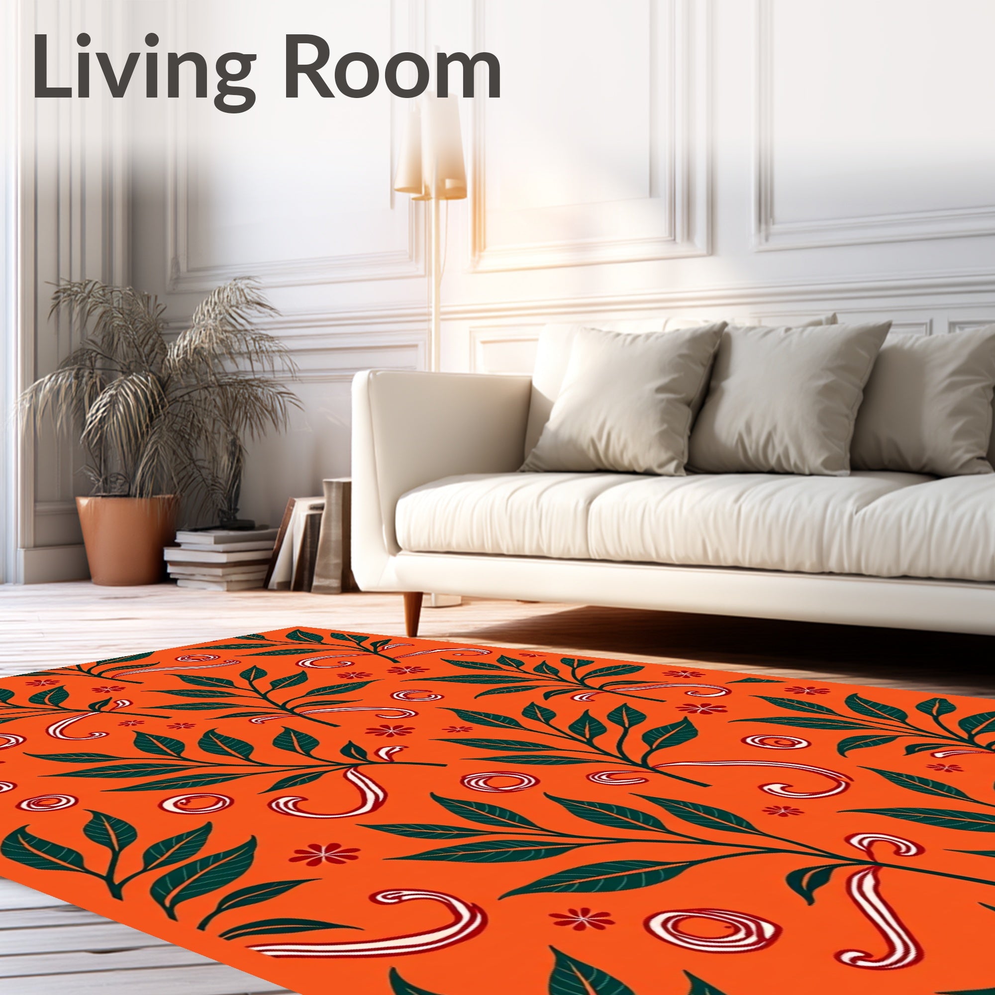 Vibrant Orange Green Leaf Swirl Rug