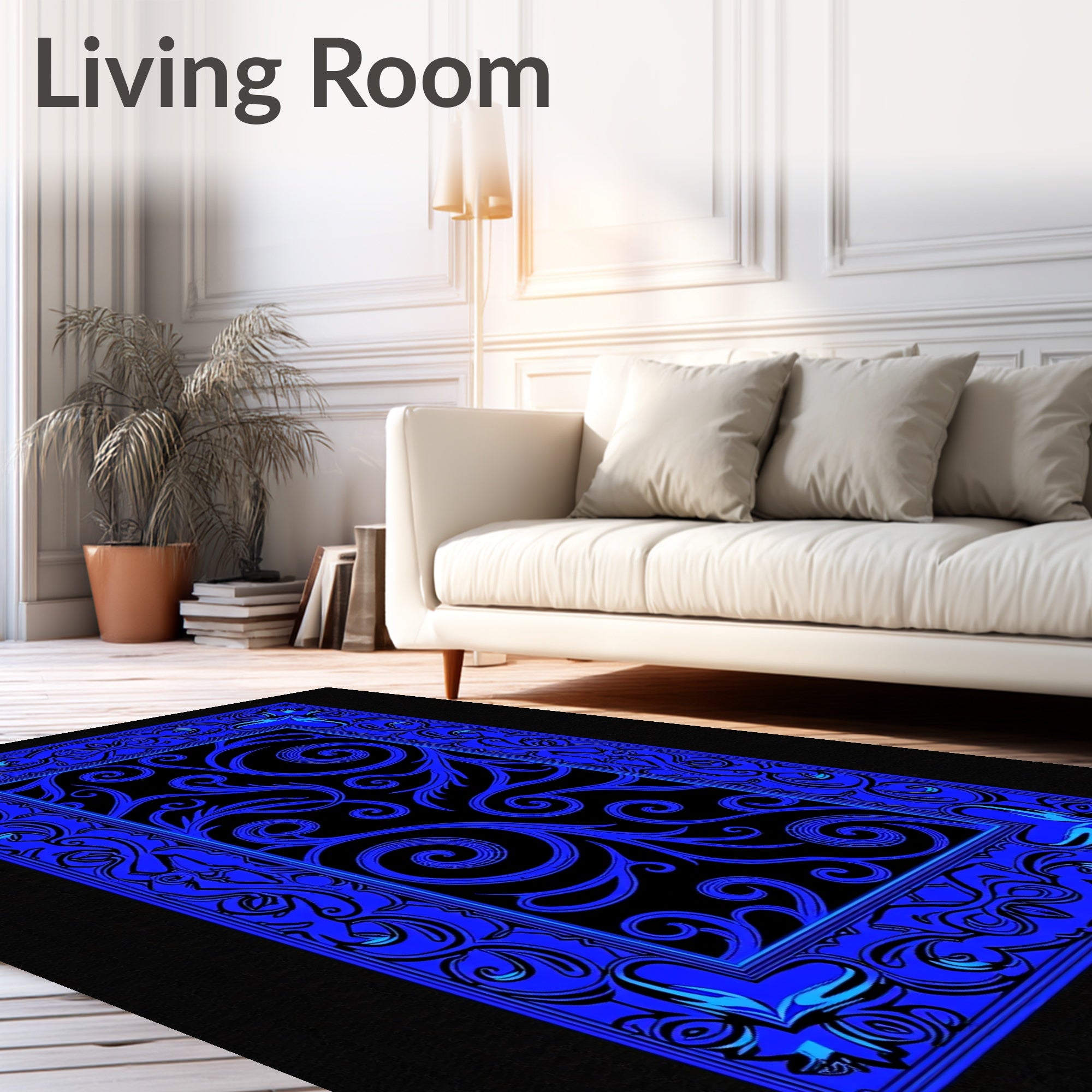 Electric Blue Ornate Scrollwork Rug
