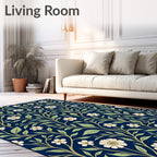 Navy Blue White Floral Vine Rug