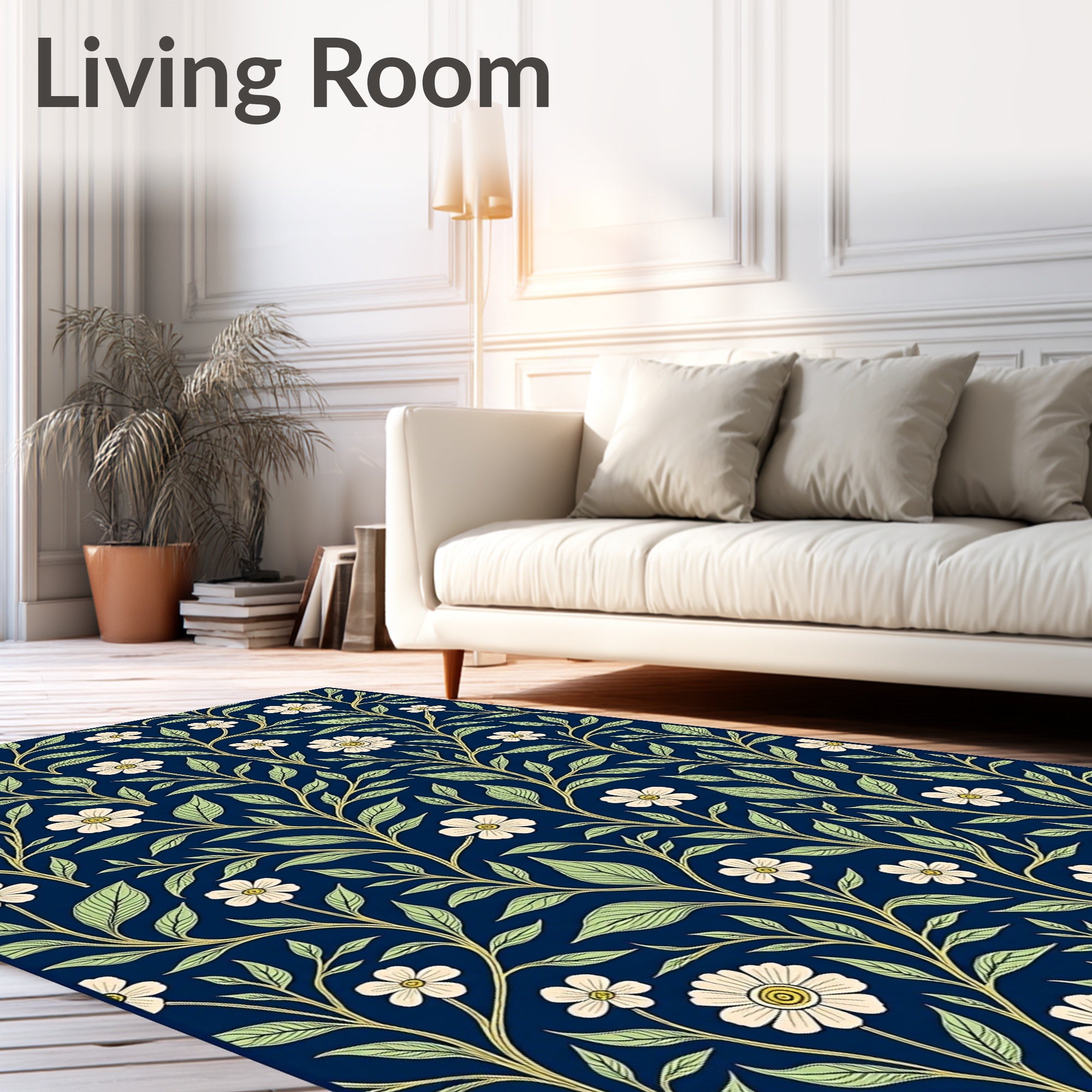 Navy Blue White Floral Vine Rug