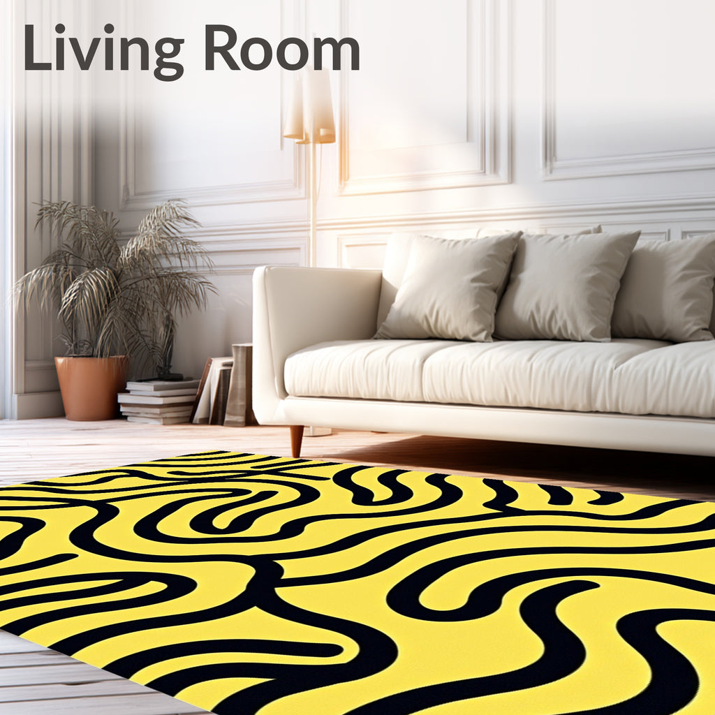 Abstract Yellow Black Wavy Lines Rug