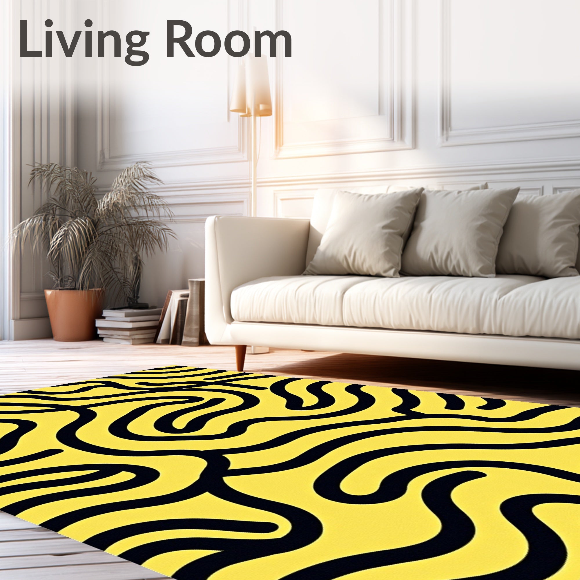 Abstract Yellow Black Wavy Lines Rug