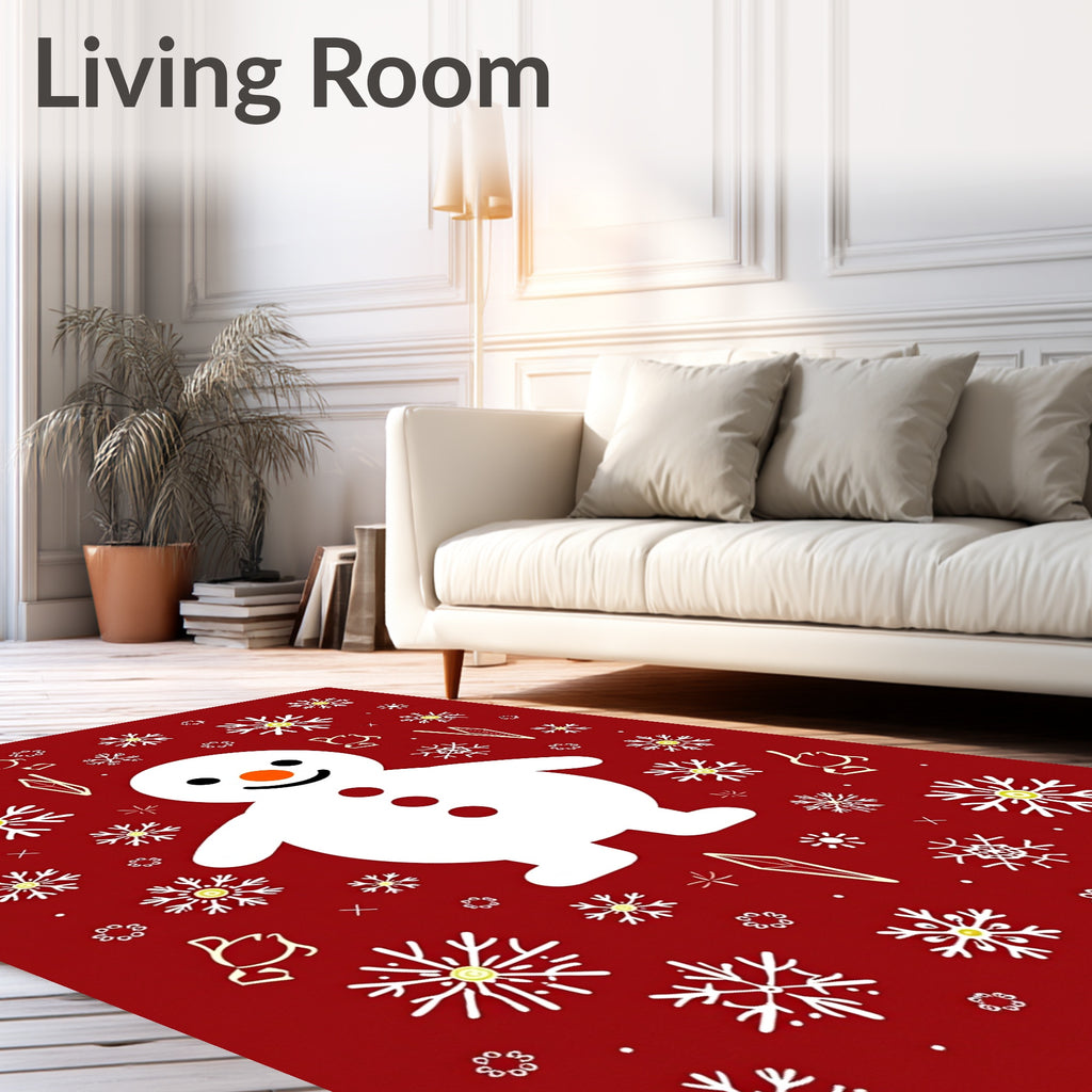 Festive Red Snowman Snowflake Scene Rug