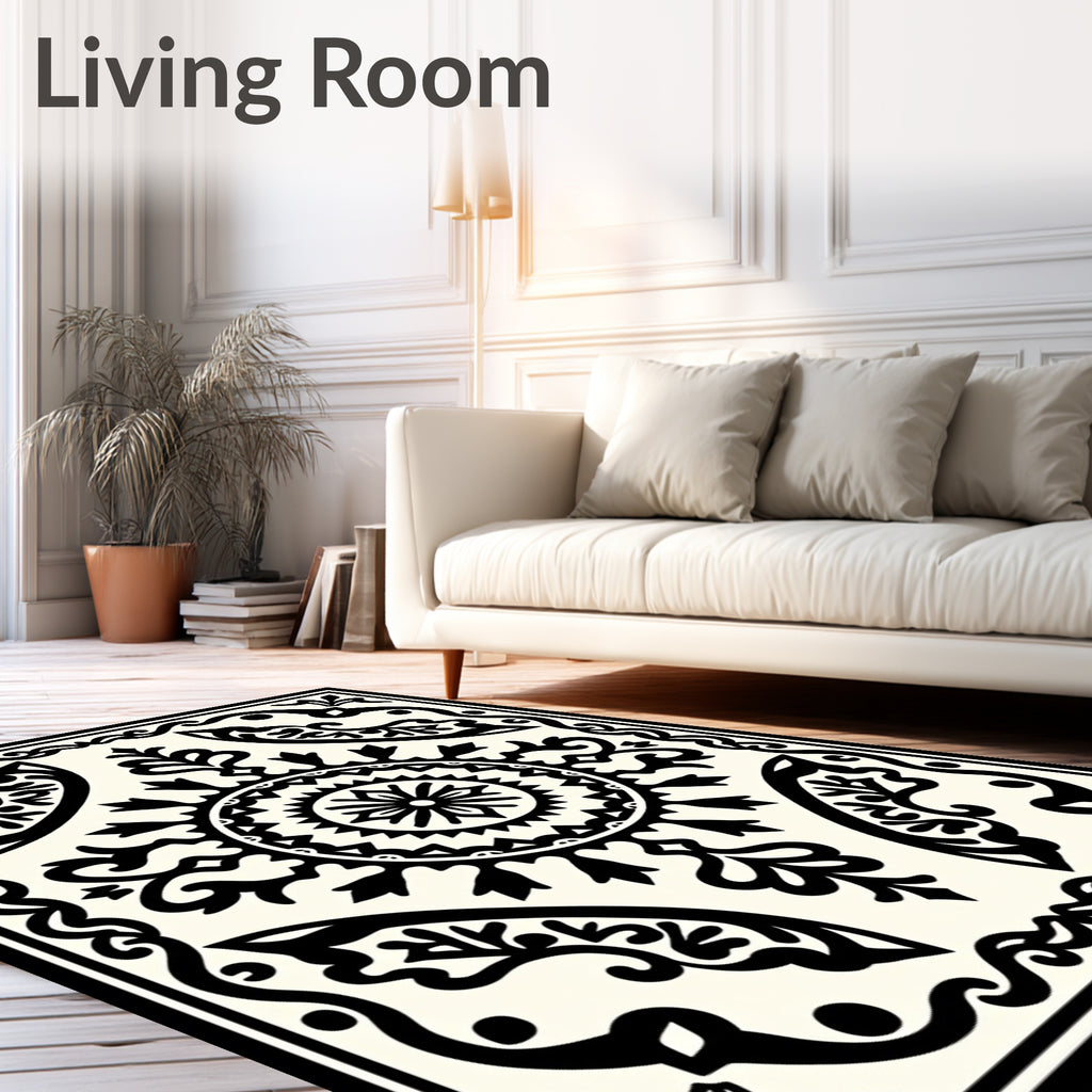 Classic Black Cream Floral Mandala Rug
