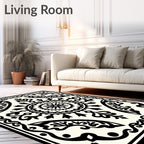 Classic Black Cream Floral Mandala Rug