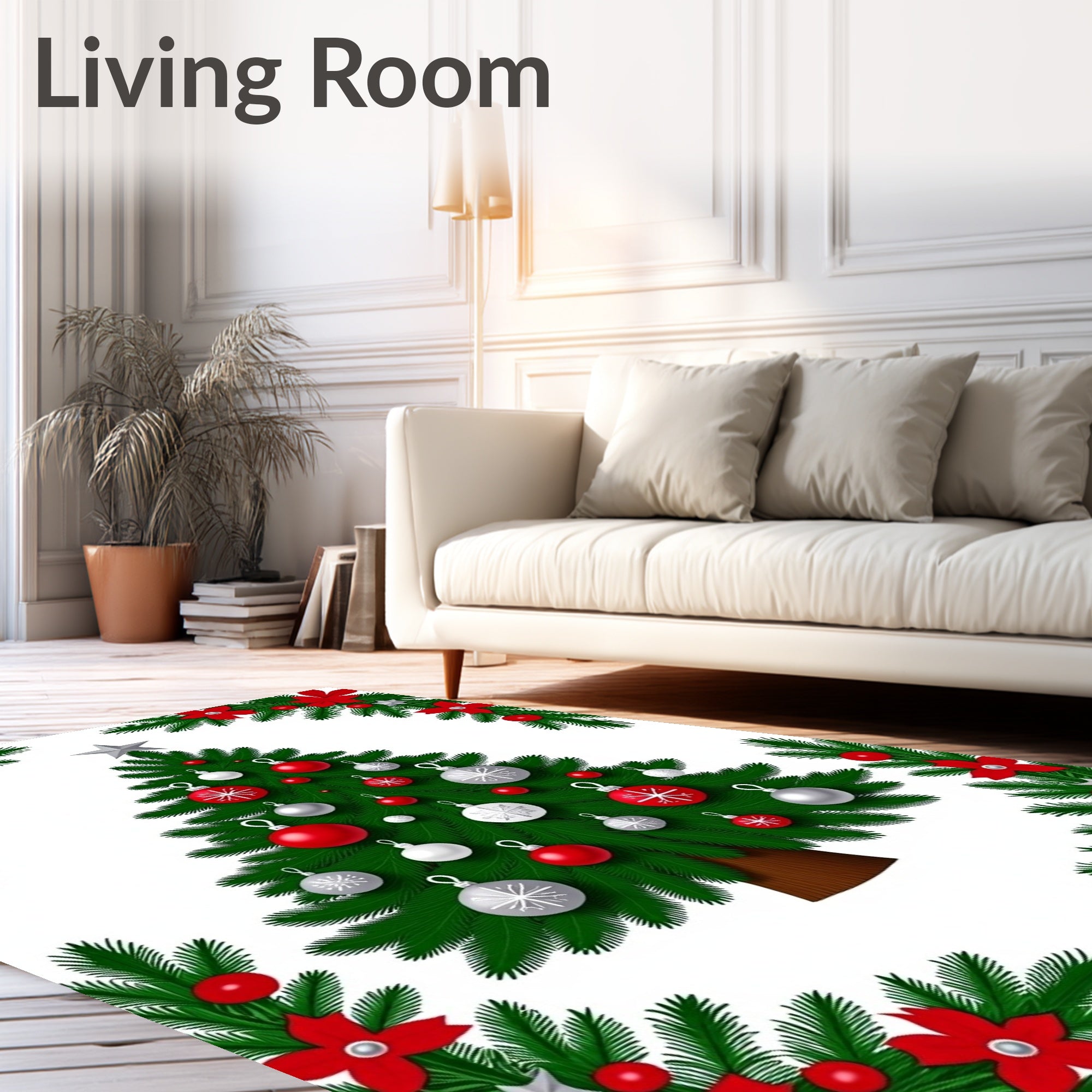 Christmas Tree Red White Ornaments Garland Rug