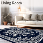 Navy White Floral Medallion Mandala Rug