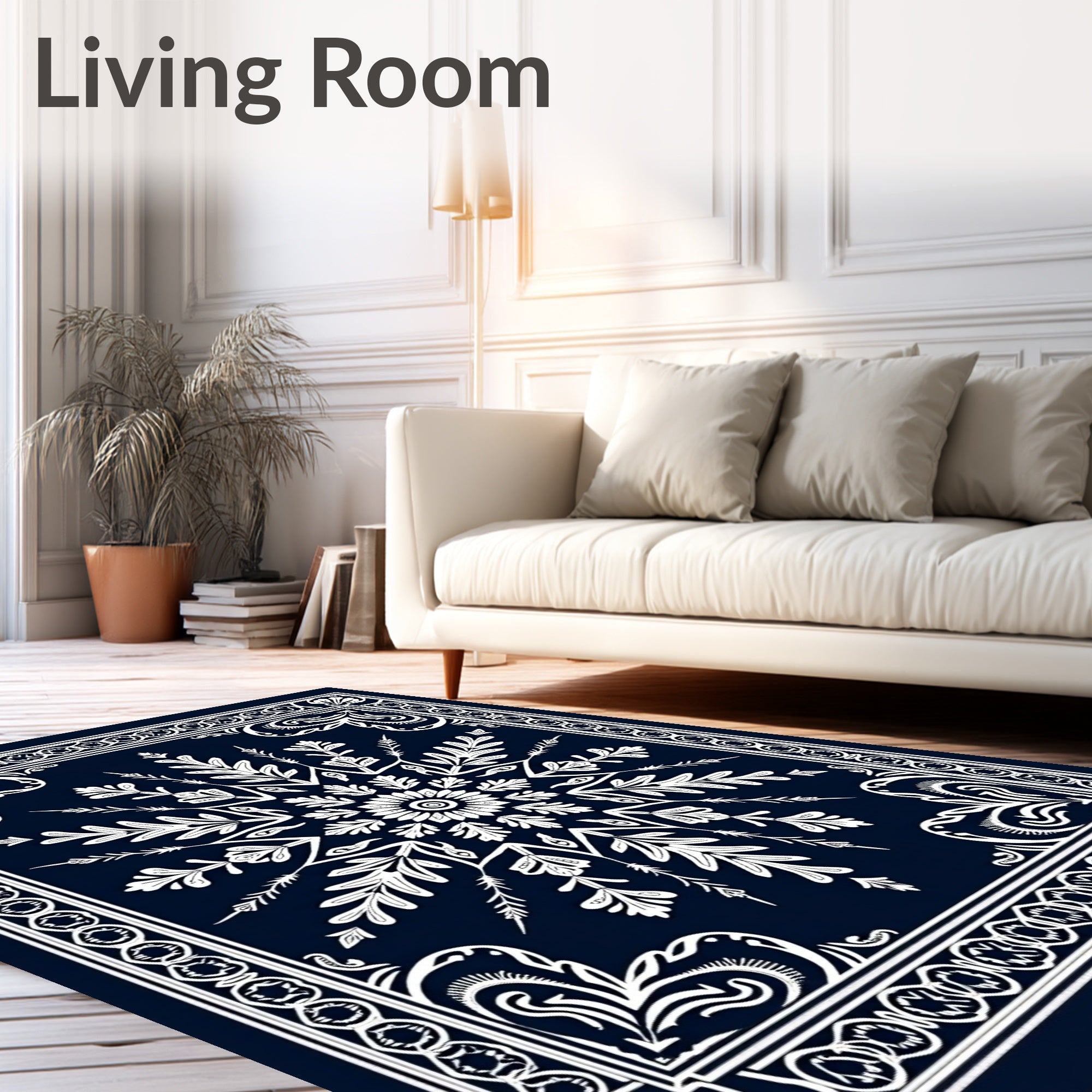 Navy White Floral Medallion Mandala Rug