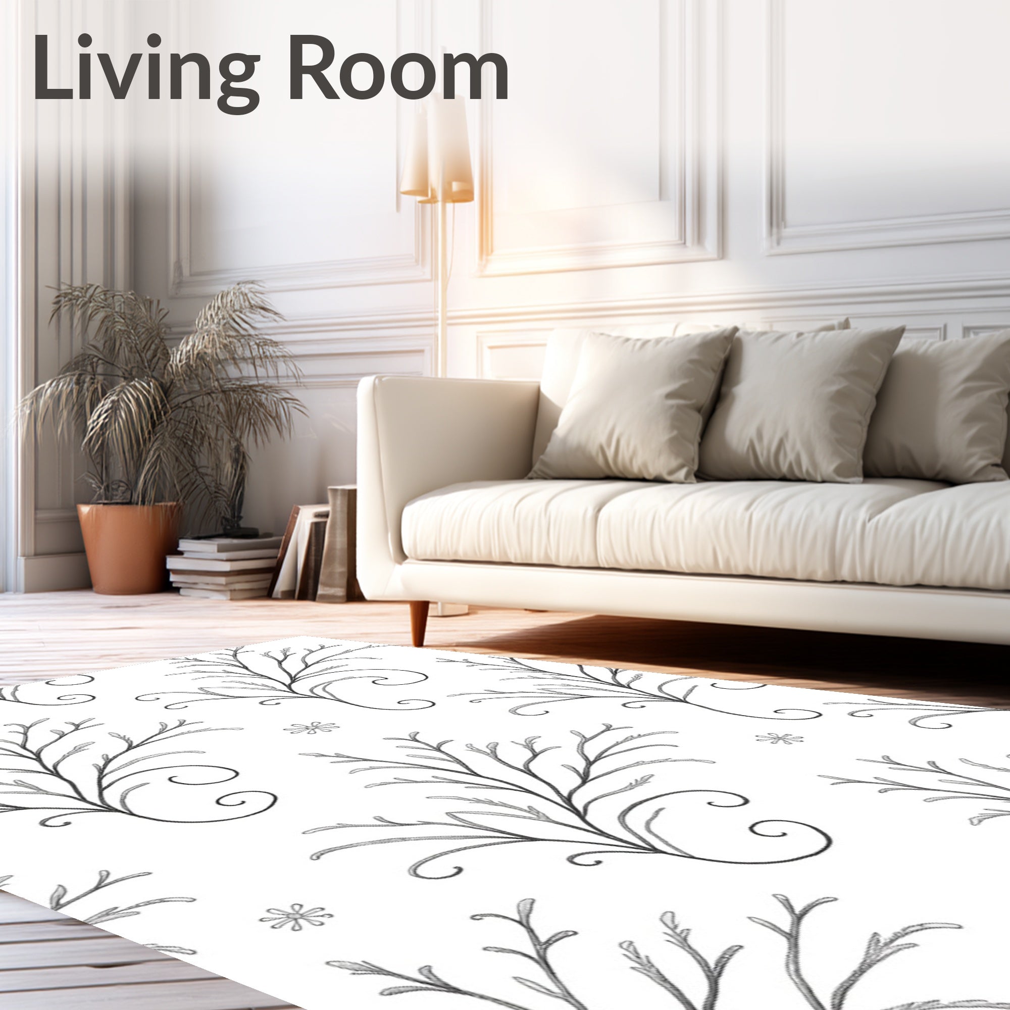 Delicate Black Floral Swirl Whimsical Art Rug