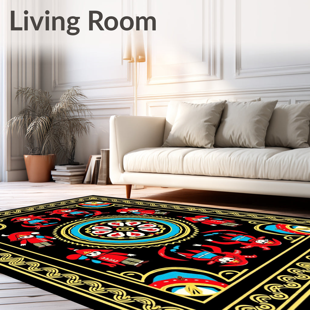 Bright Red Characters Medallion Border Rug
