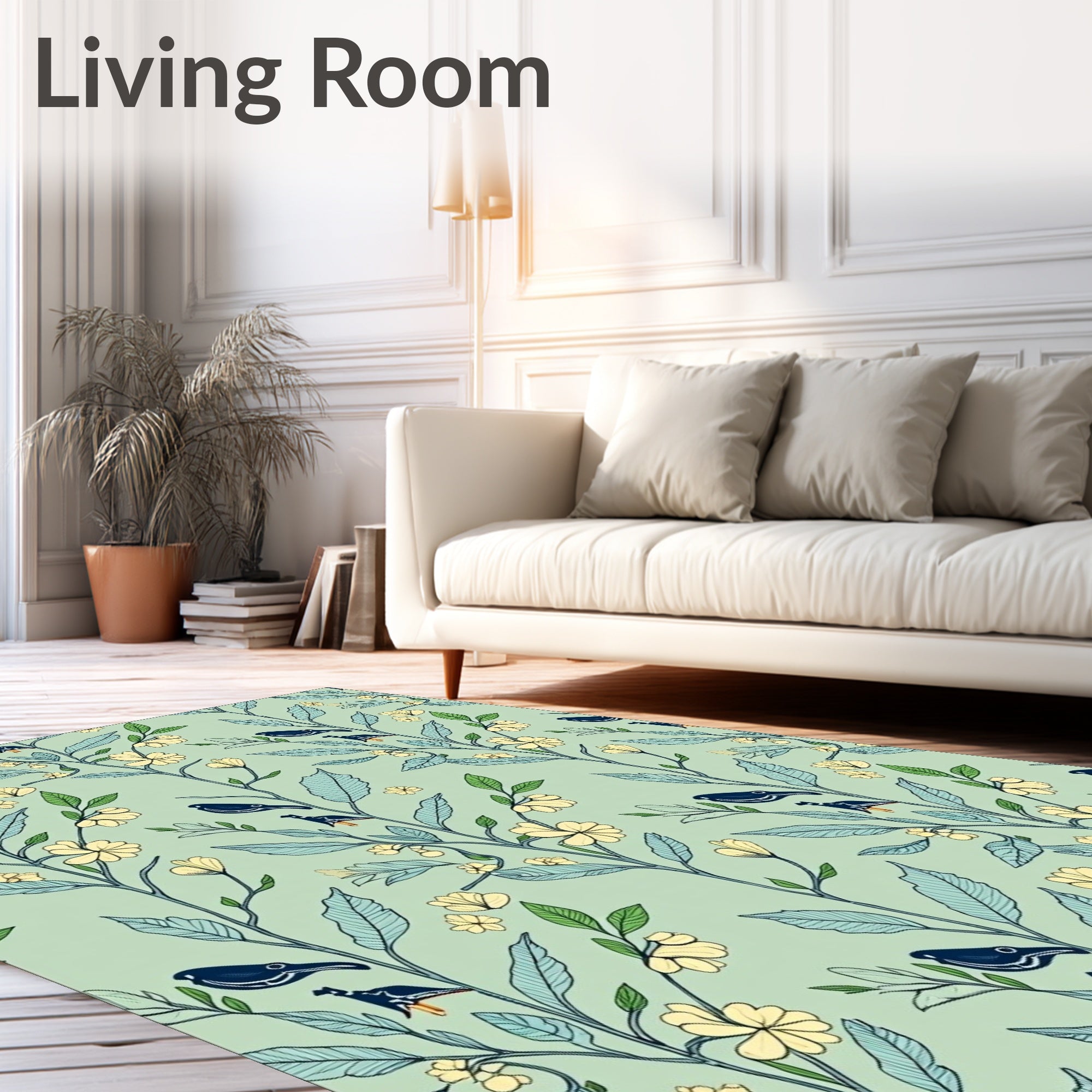 Pale Green Branch Bird Floral Rug