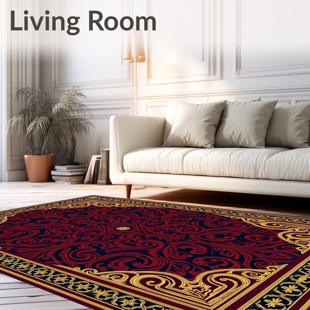 Red and Navy Damask Scroll Medallion Rug